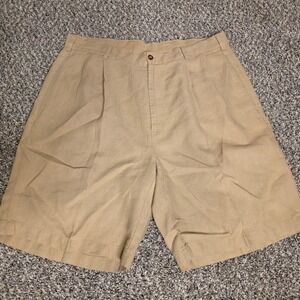 Mens 100% Linen Pleated Shorts Tan Khaki Size 36 Relaxed Fit RN 31608 Summer